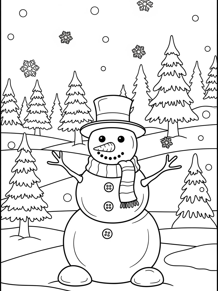 Desenho do Boneco de Neve simples com árvores para colorir