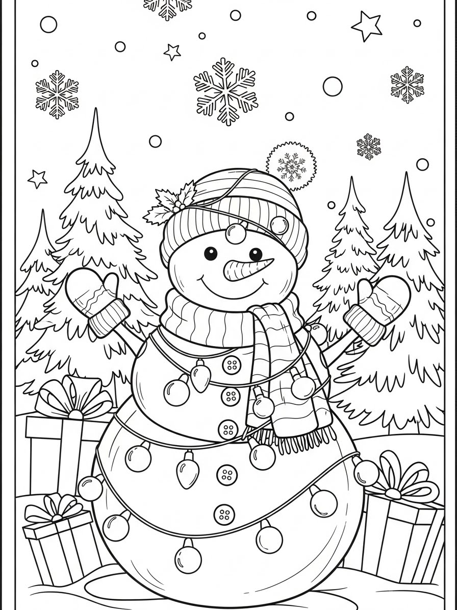 Desenho do Boneco de Neve alegre com árvores e presentes para colorir