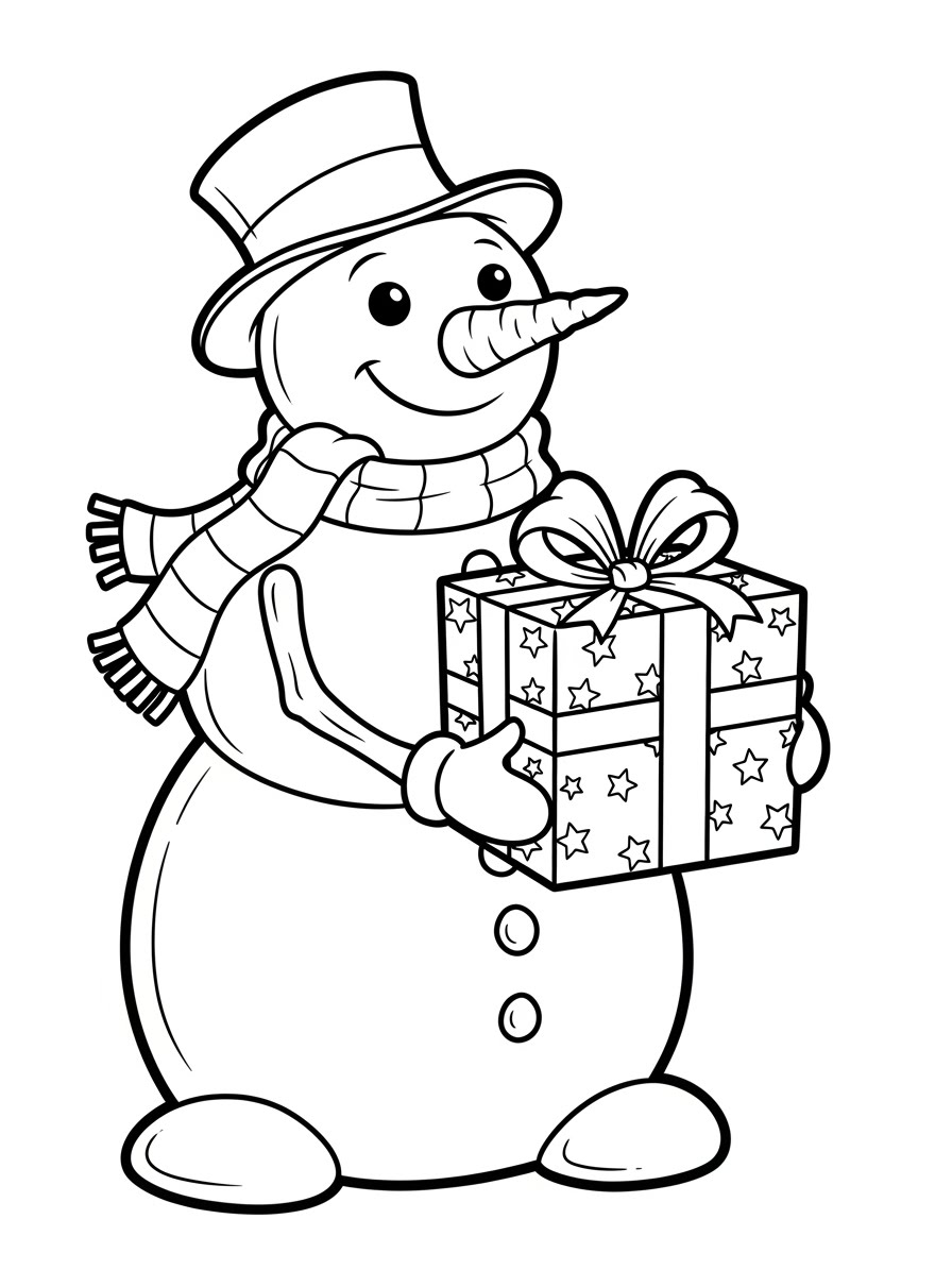 Desenho do Boneco de Neve simpático segurando presente para colorir