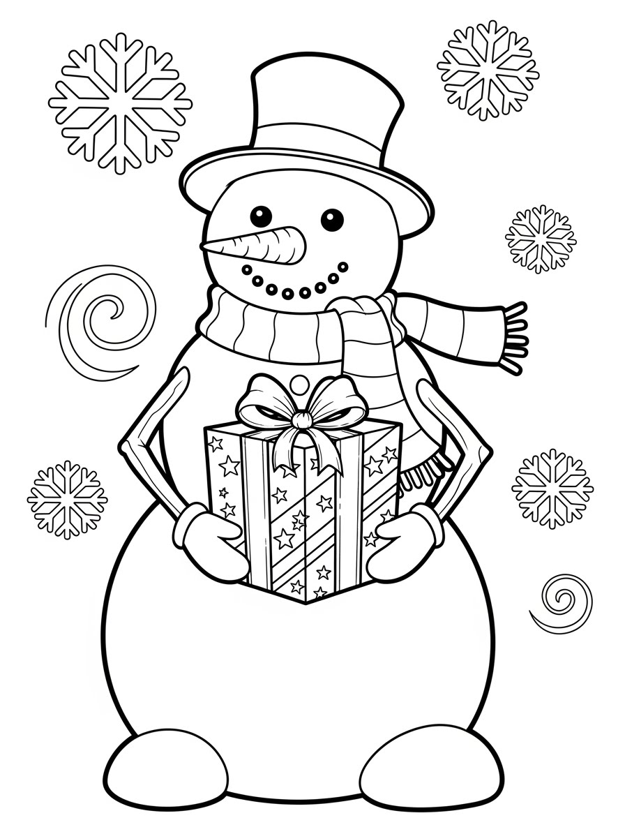 Desenho do Boneco de Neve simpático com presente para colorir