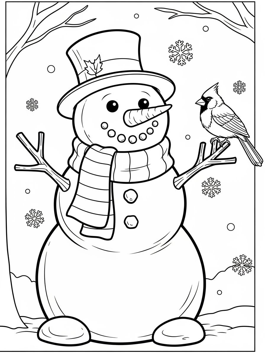 Desenho do Boneco de Neve simpático com passarinho para colorir