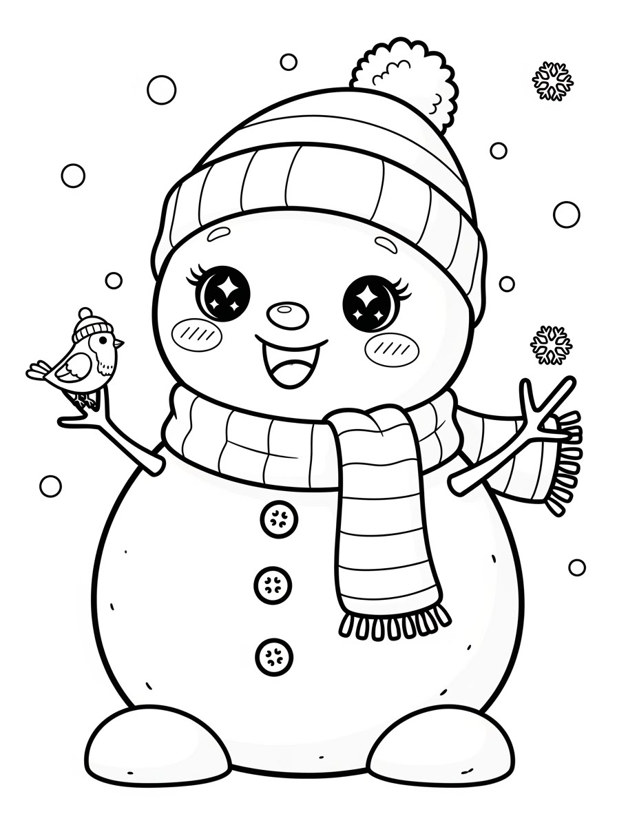 Desenho do Boneco de Neve simpático com pássaro para colorir