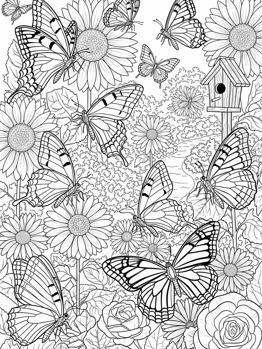Desenho de Borboleta rodeada de flores para colorir