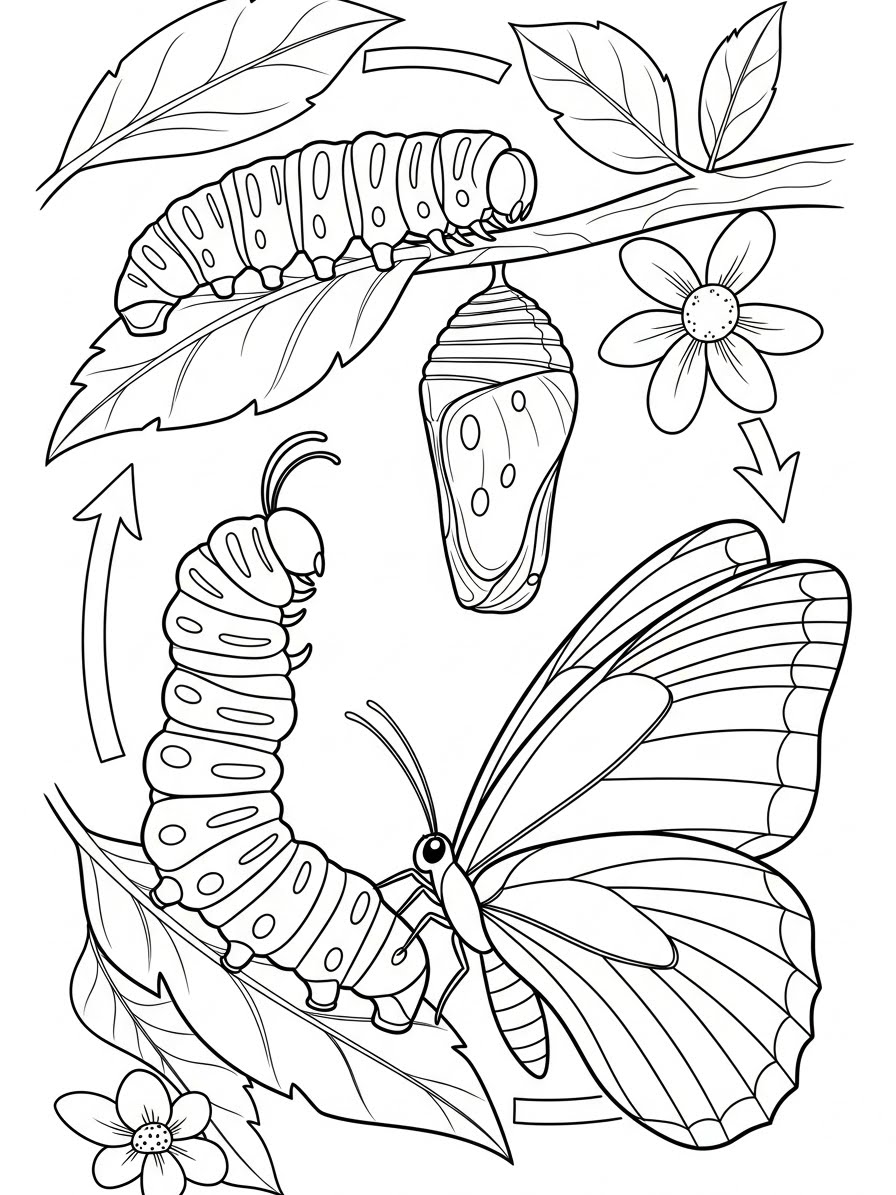 Desenho de Borboleta e sua metamorfose para colorir