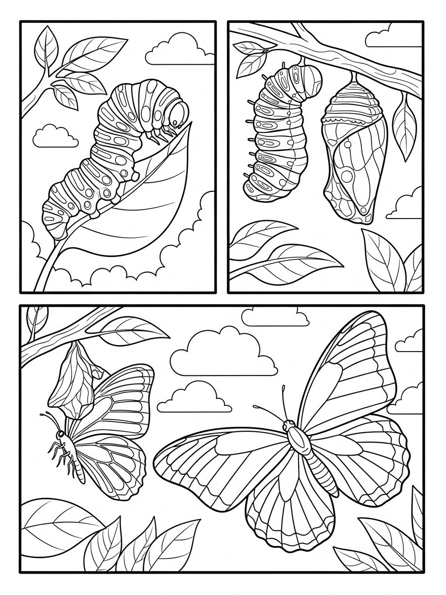 Desenho de Borboleta em seu ciclo de vida para colorir