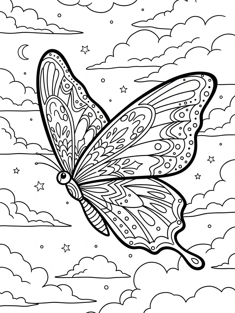 Desenho de Borboleta voando entre nuvens para colorir