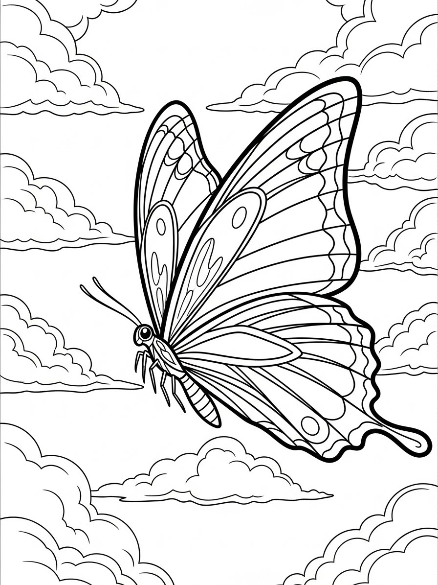 Desenho de Borboleta voando entre nuvens para colorir