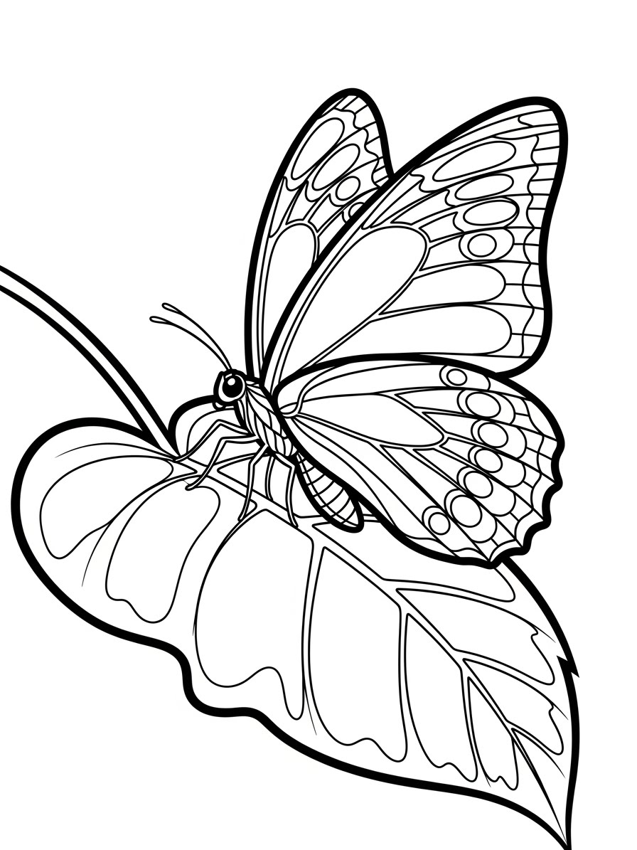 Desenho de Borboleta pousada em uma folha para colorir