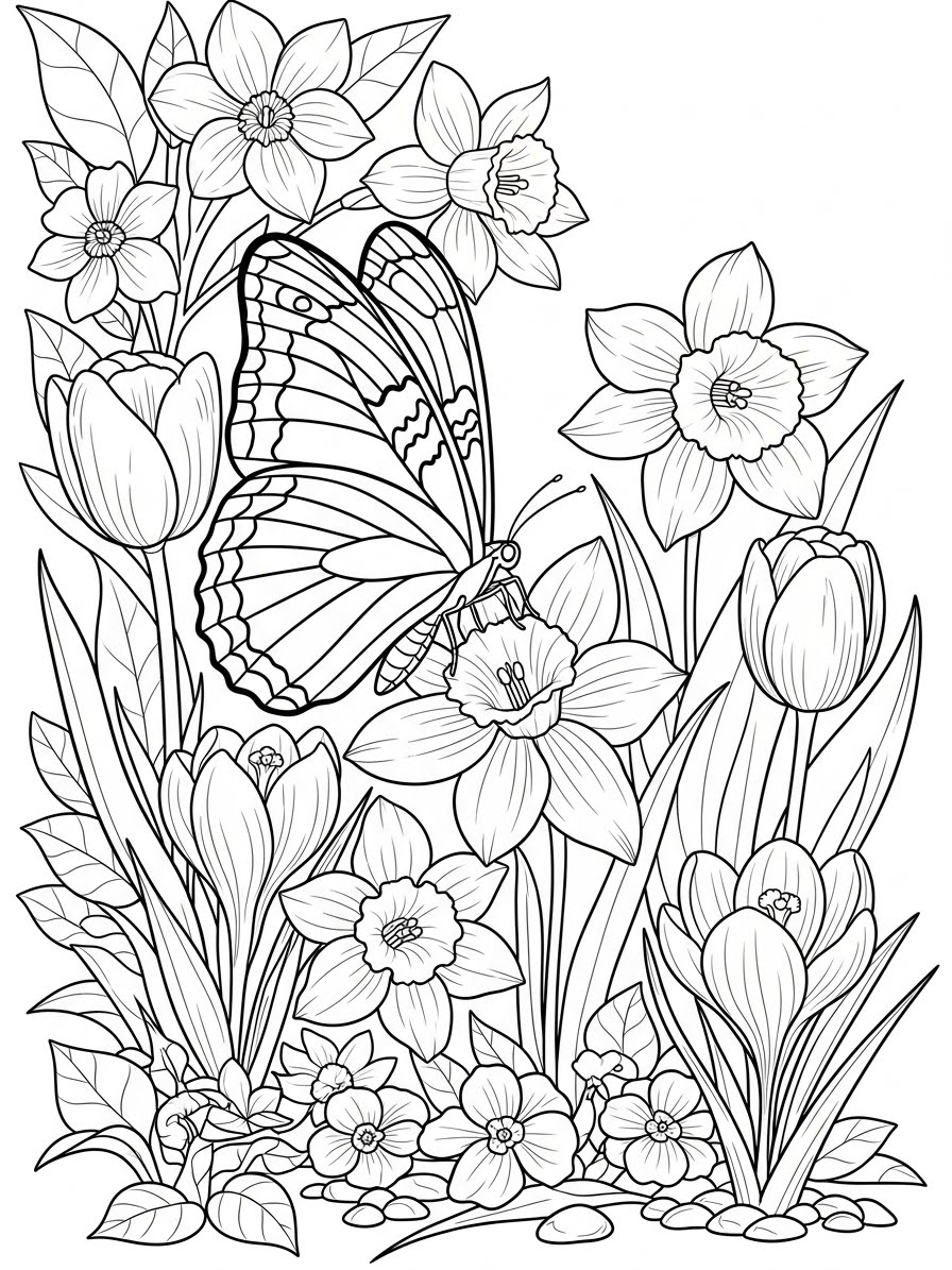 Desenho de Borboleta entre flores para colorir