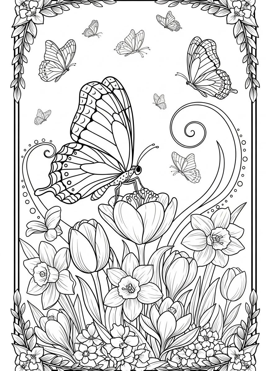 Desenho de Borboleta sobre flores para colorir