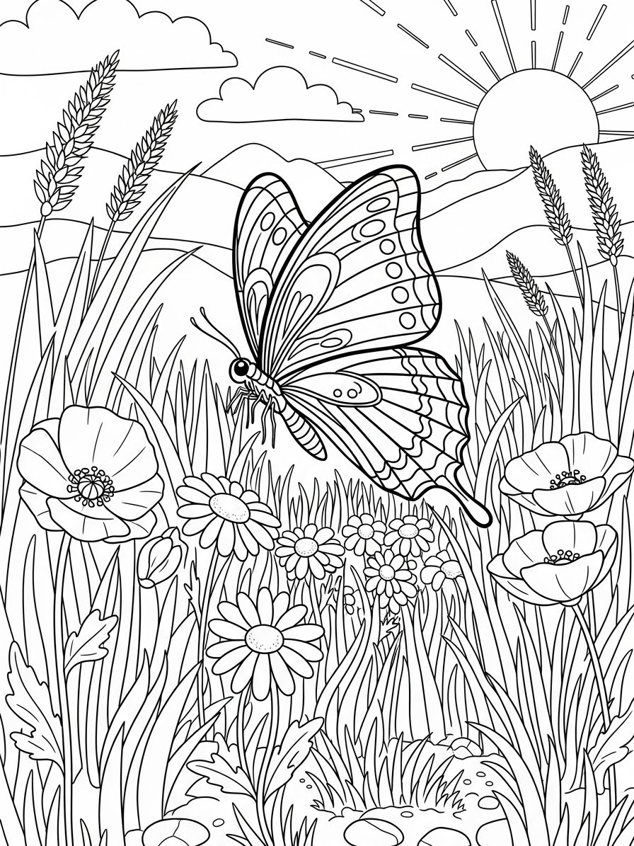 Desenho de Borboleta em um campo com flores para colorir