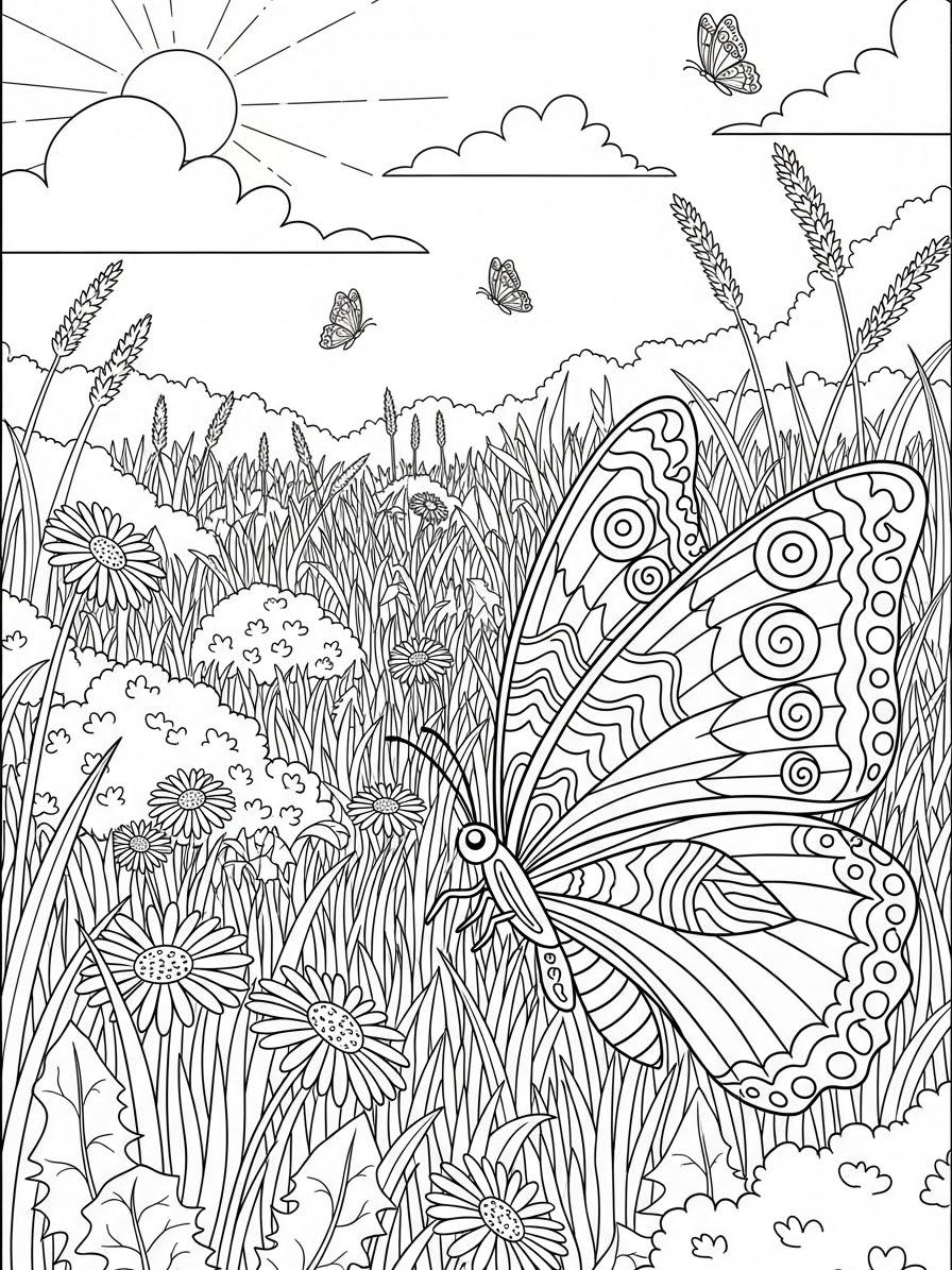 Desenho de Borboleta em um campo cheio de flores para colorir