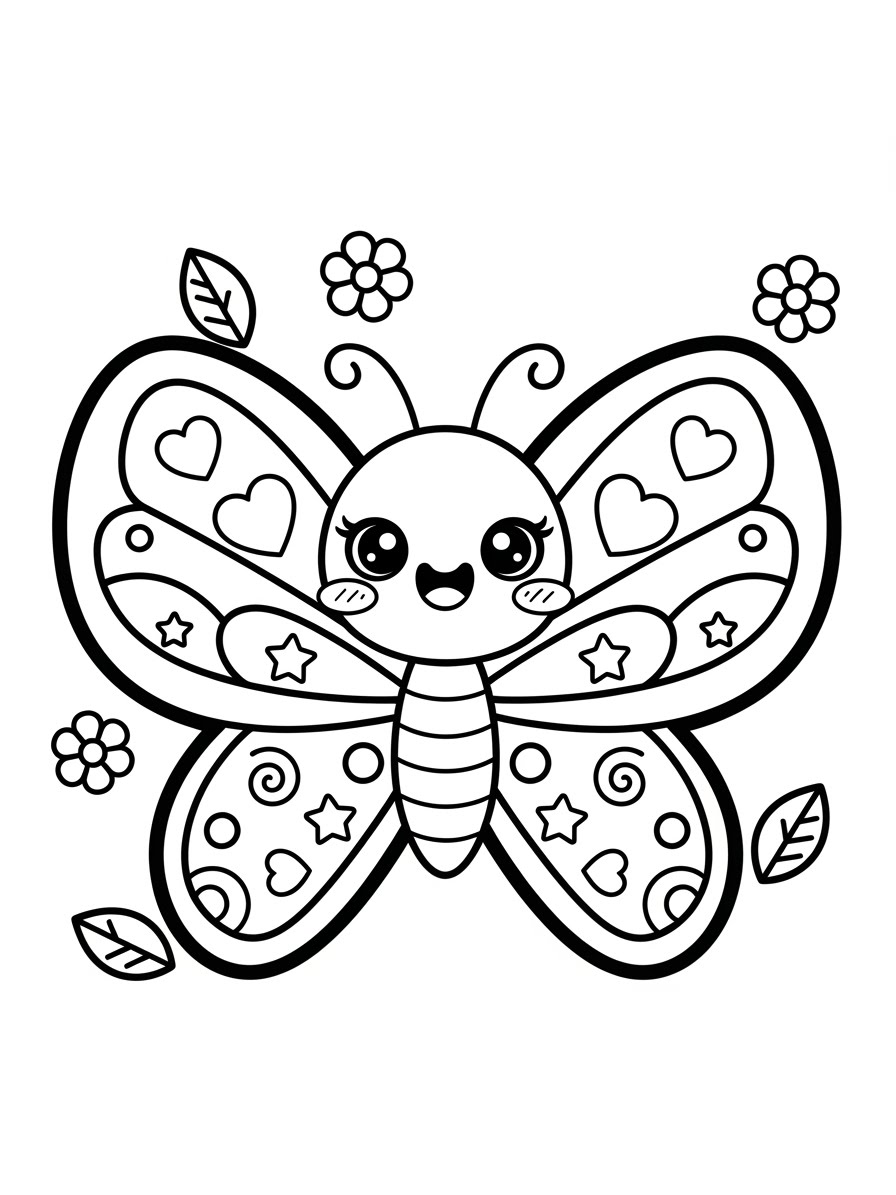 Desenho de Borboleta fofa com corações e estrelas para colorir