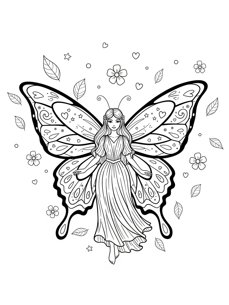 Desenho de Borboleta com menina e flores para colorir