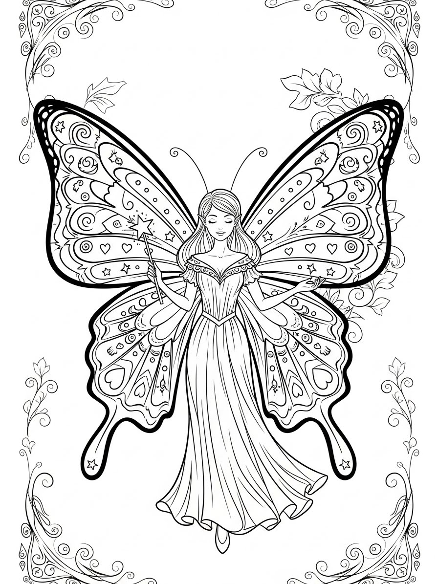Desenho de Borboleta com uma princesa para colorir