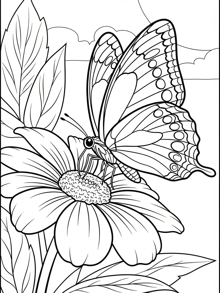 Desenho de Borboleta pousada em uma flor para colorir