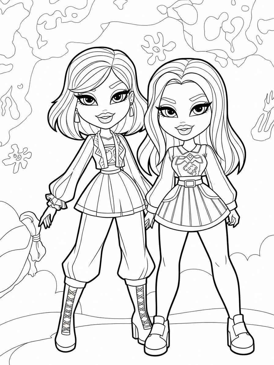 Desenho da Bratz com duas meninas estilizando roupas para colorir