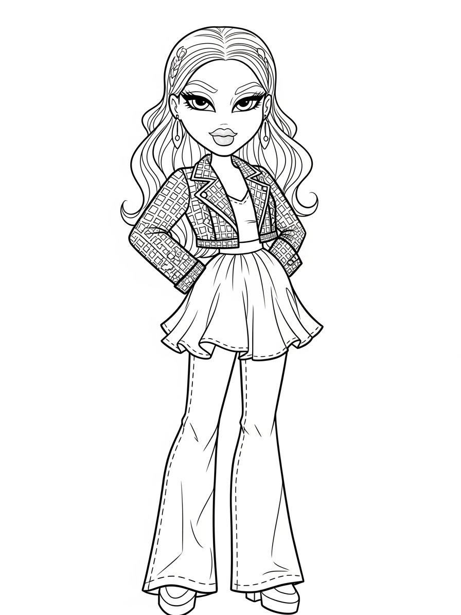 Desenho da Bratz com roupas modernas para colorir
