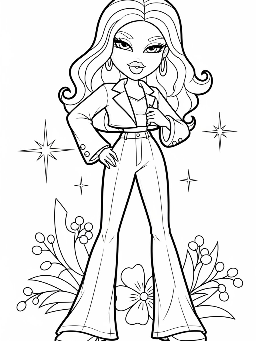 Desenho da Bratz vestindo um traje de moda para colorir