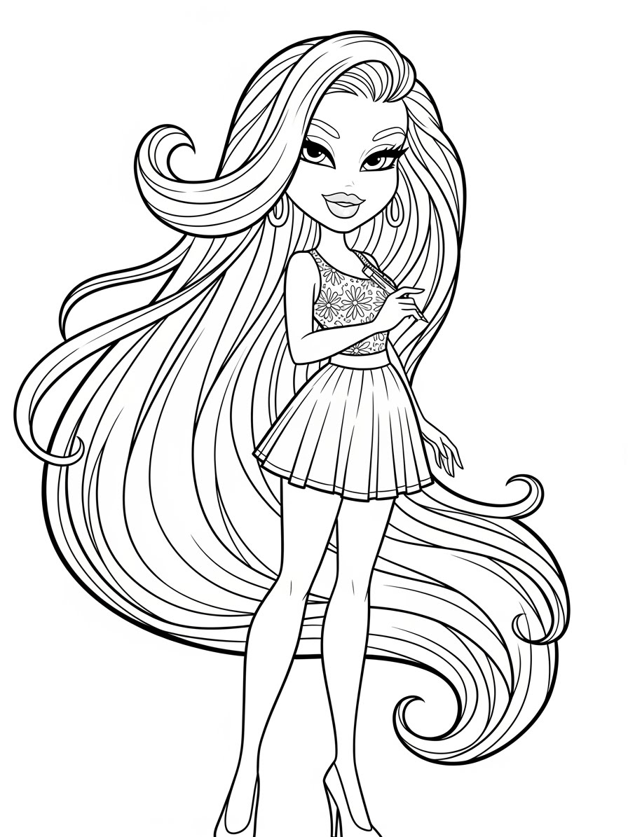Desenho da Bratz com cabelo longo e vestido curto para colorir