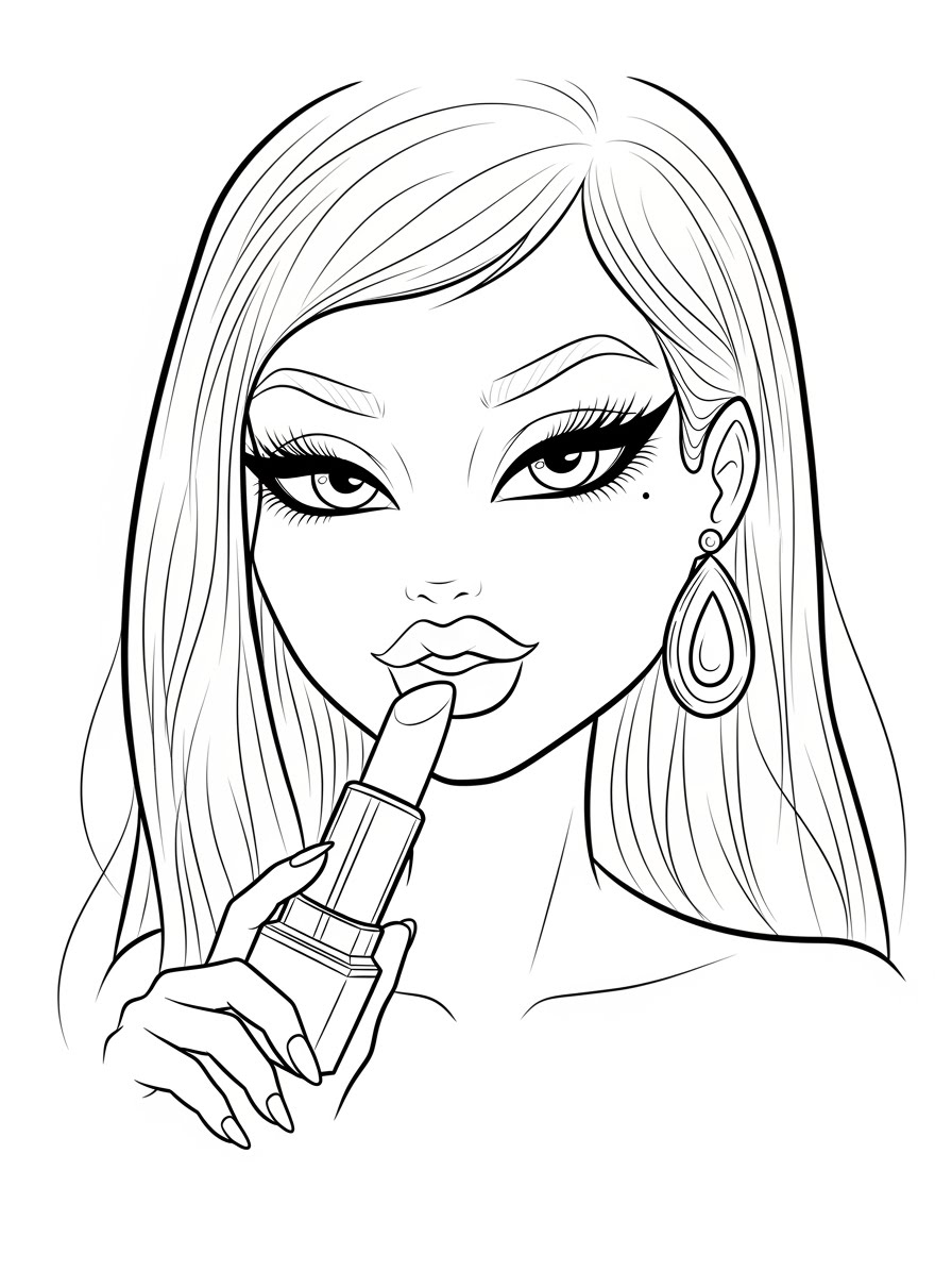 Desenho da Bratz usando batom e brincos para colorir