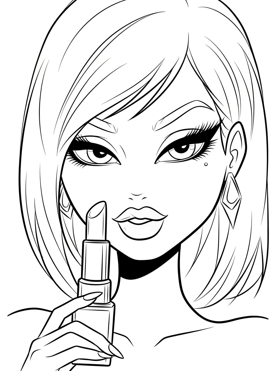 Desenho da Bratz segurando batom para colorir