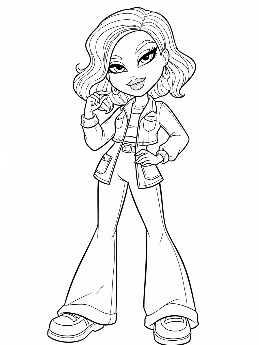 Desenho da Bratz usando roupas estilosas para colorir