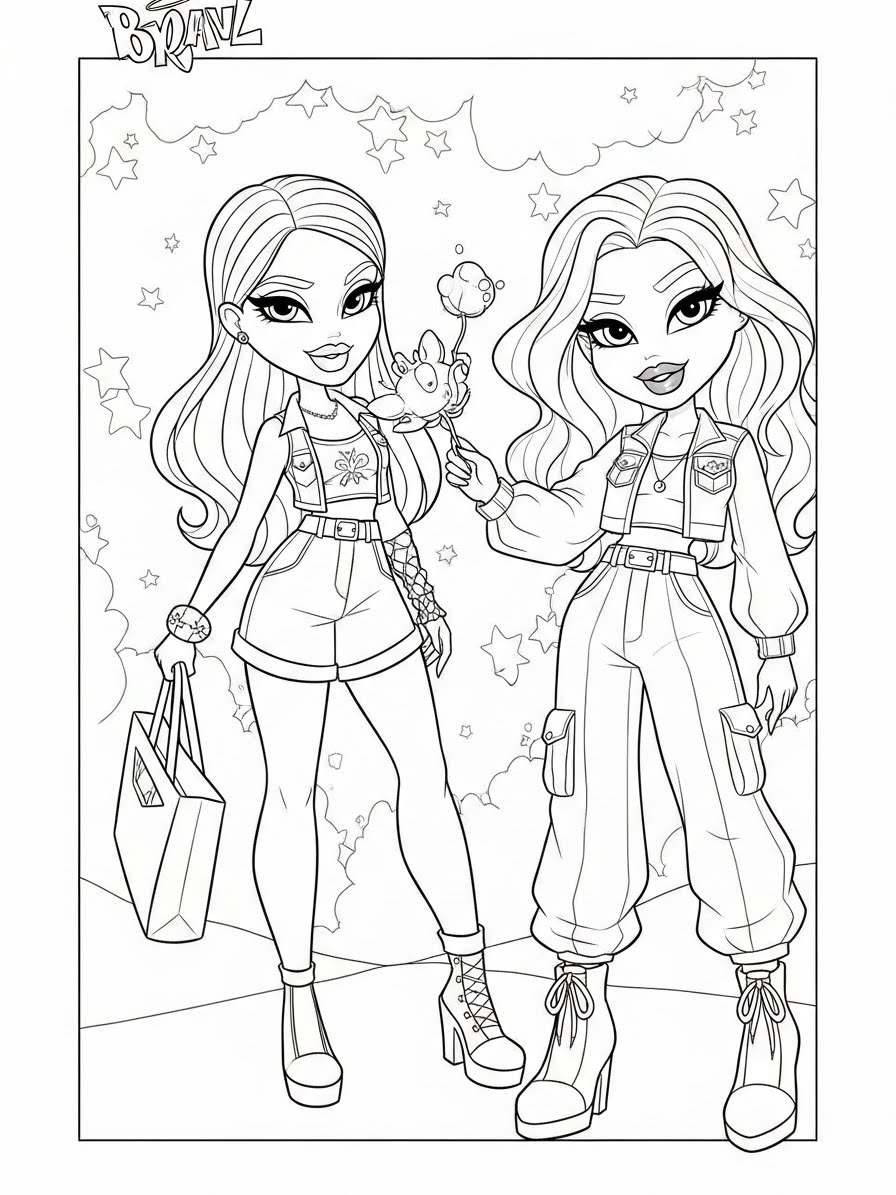 Desenho da Bratz em festa com acessórios para colorir