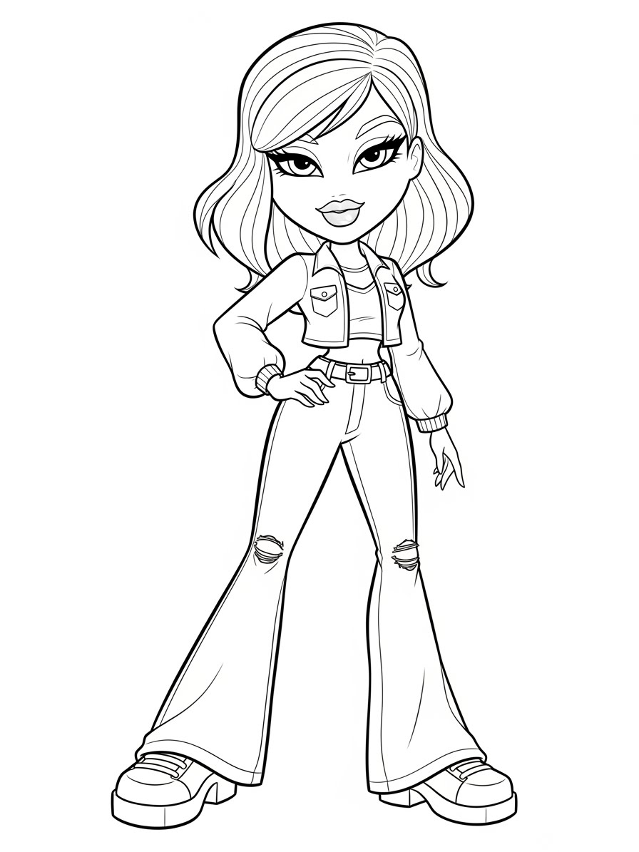 Desenho da Bratz com jeans e jaqueta para colorir