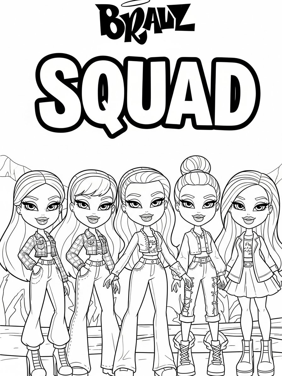 Desenho da Bratz Squad em pose divertida para colorir