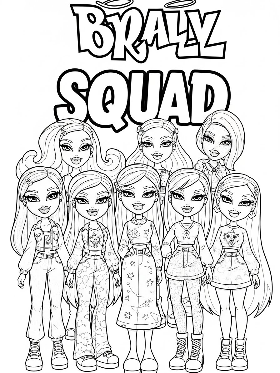 Desenho da Bratz em grupo para colorir