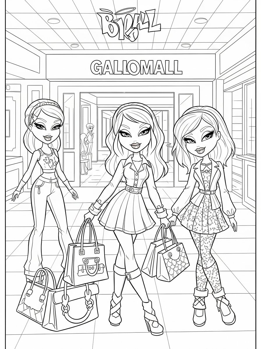 Desenho da Bratz em shopping com bolsas para colorir
