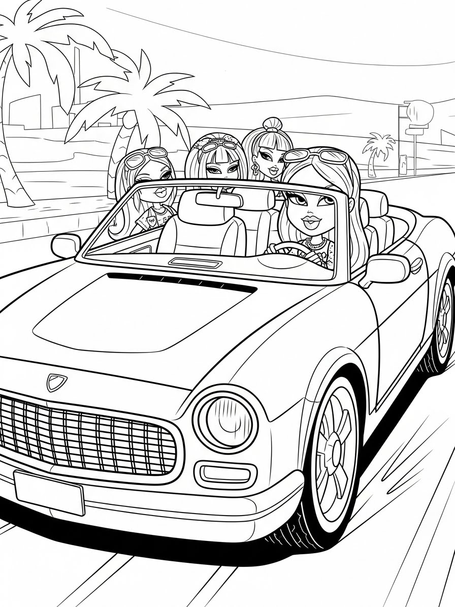 Desenho da Bratz dirigindo um carro conversível para colorir