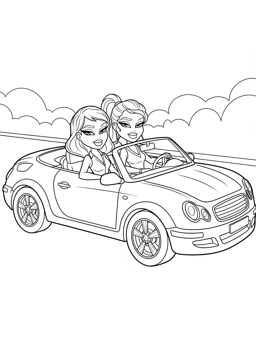 Desenho da Bratz dirigindo um carro conversível para colorir