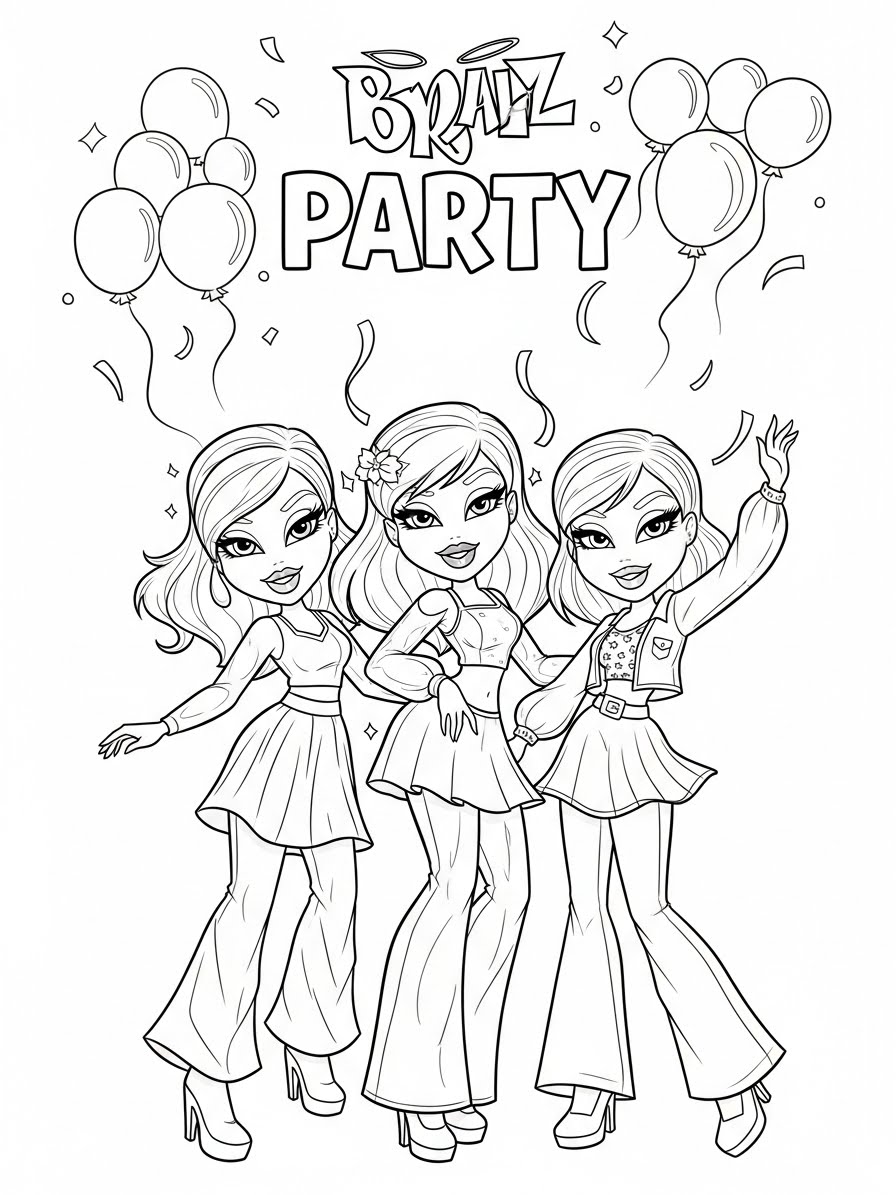 Desenho da Bratz festejando em uma festa para colorir