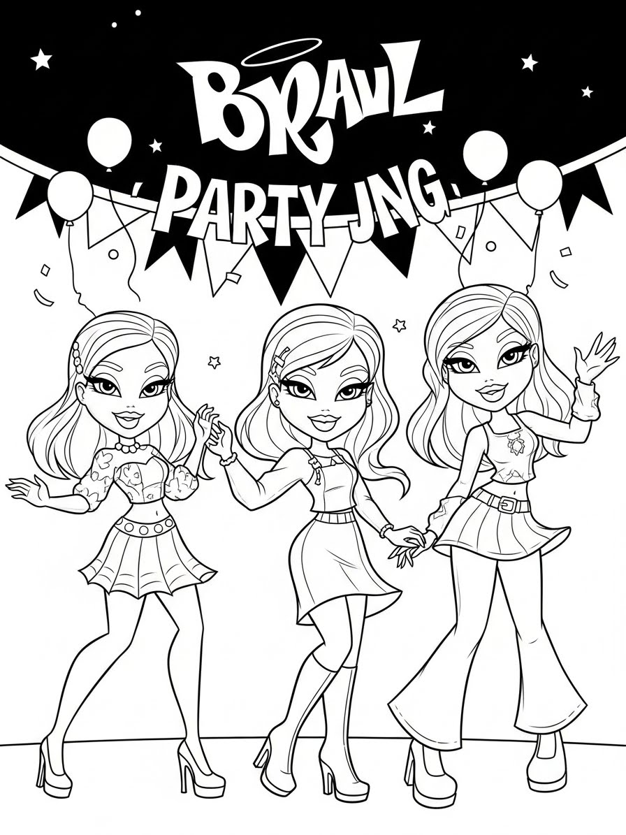 Desenho da Bratz festejando em uma festa para colorir