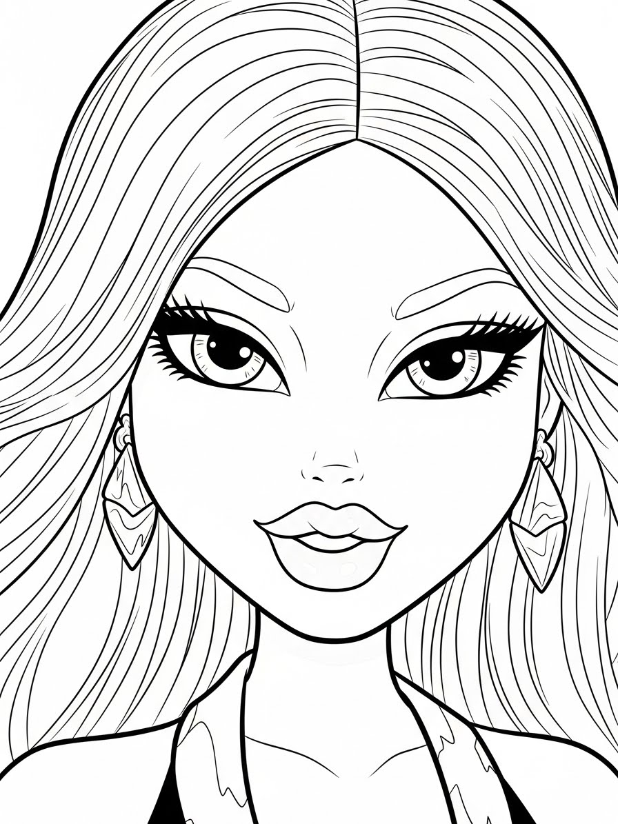 Desenho da Bratz com cabelo longo e brincos para colorir