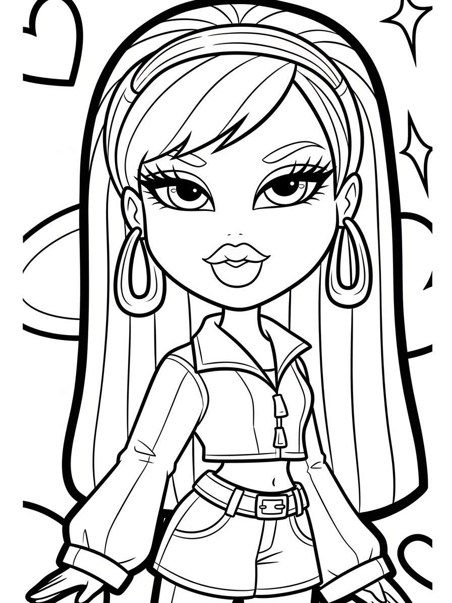 Desenho da Bratz com cabelo longo e estilo fashion para colorir