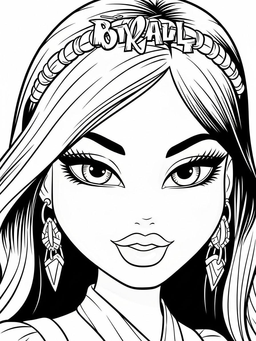 Desenho da Bratz com cabelo longo e brincos para colorir