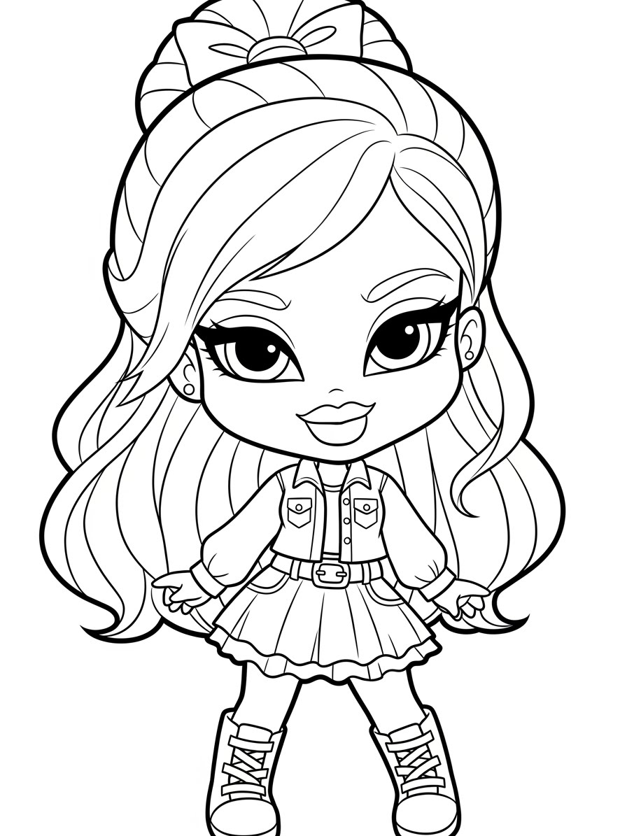 Desenho da Bratz com vestido e cabelo longo para colorir