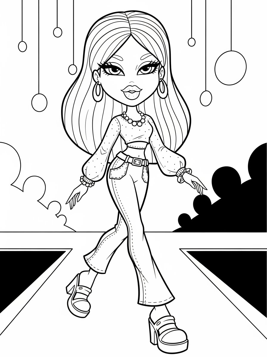 Desenho da Bratz andando na passarela para colorir
