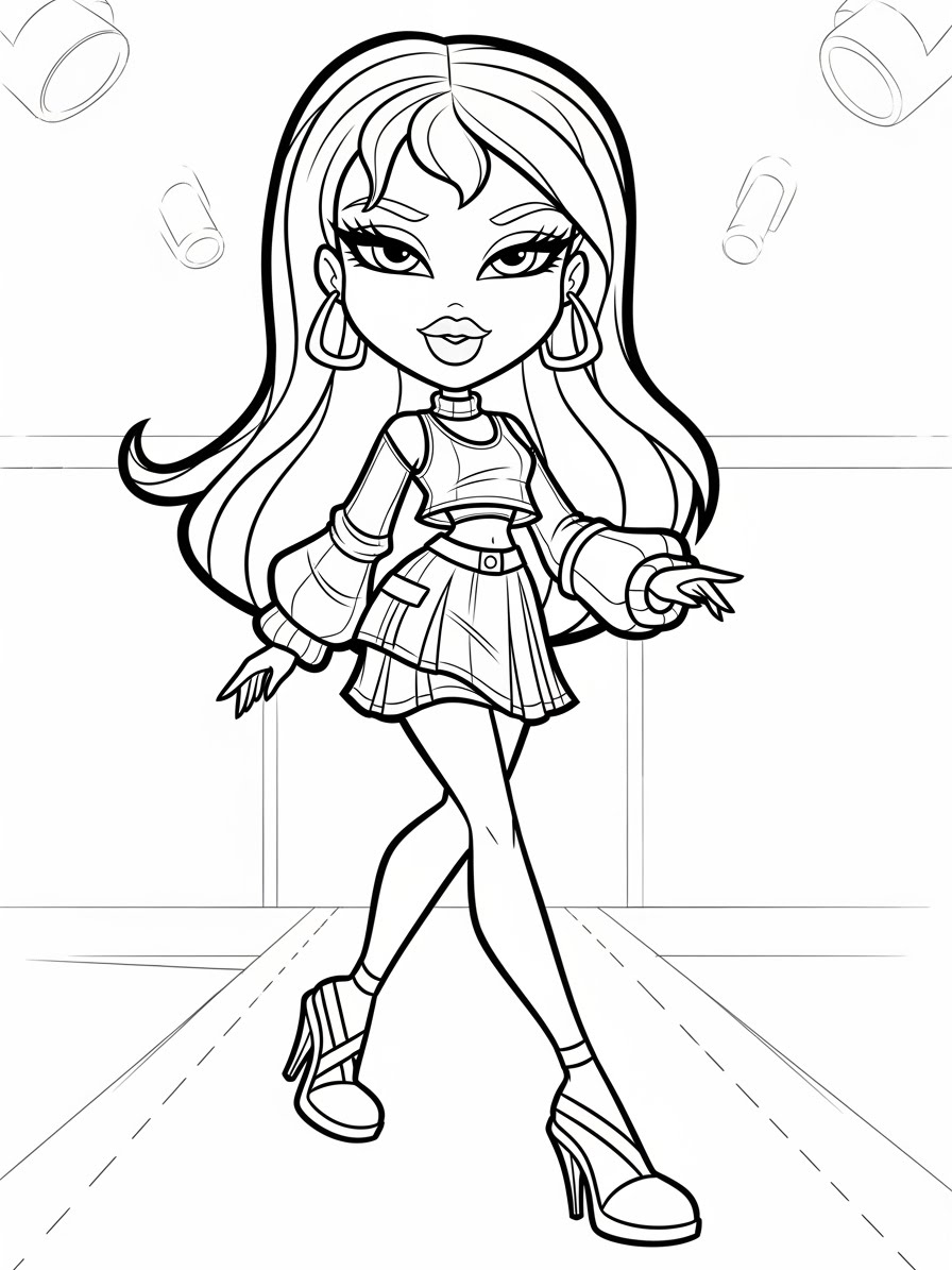 Desenho da Bratz desfilando na passarela para colorir