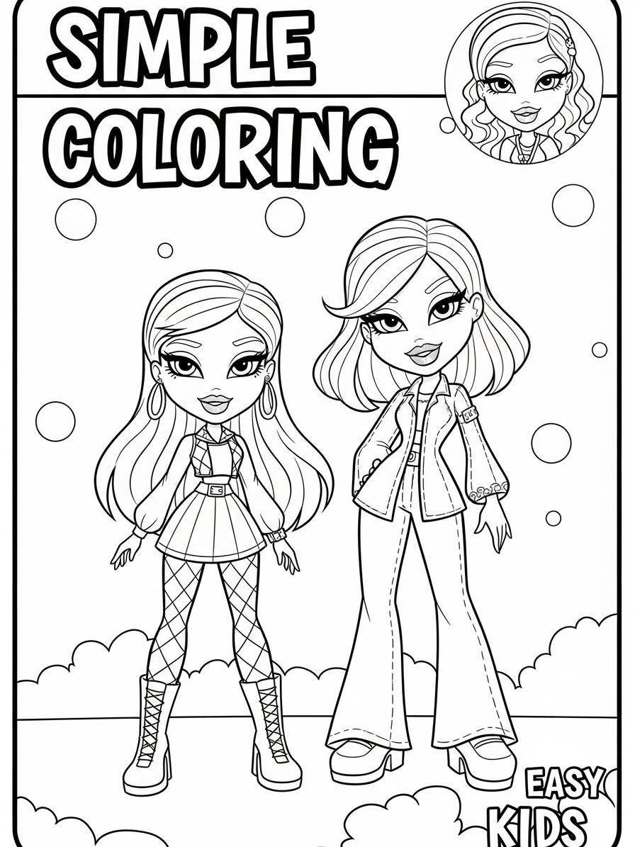 Desenho da Bratz com duas garotas estilosas para colorir