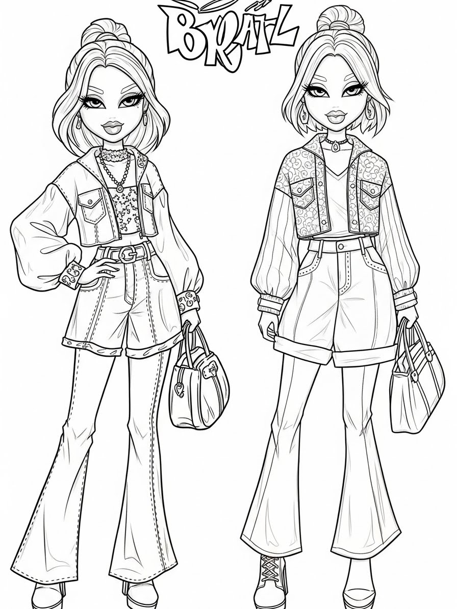 Desenho da Bratz com roupas estilosas para colorir