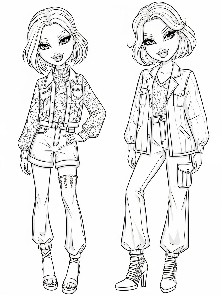 Desenho da Bratz com roupas estilosas para colorir