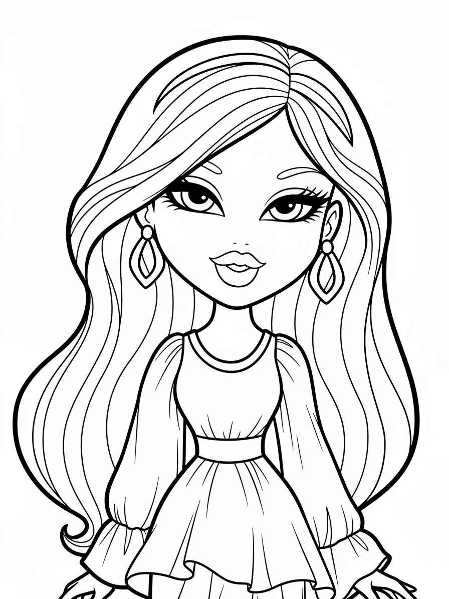 Desenho da Bratz com cabelos longos e vestido fofo para colorir