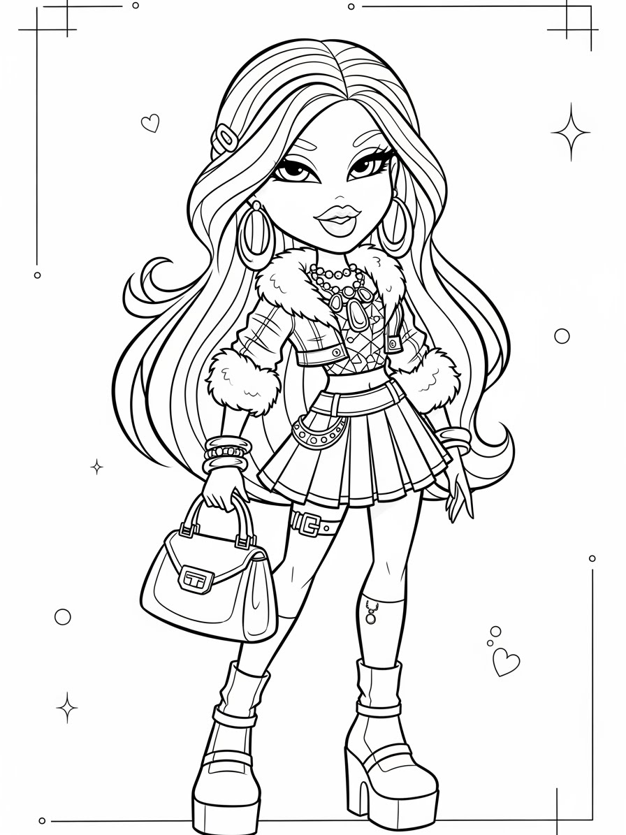 Desenho da Bratz com cabelo longo e bolsa para colorir