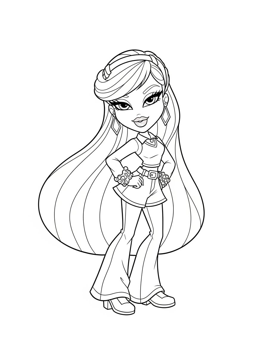 Desenho da Bratz com cabelo longo e roupa estilosa para colorir