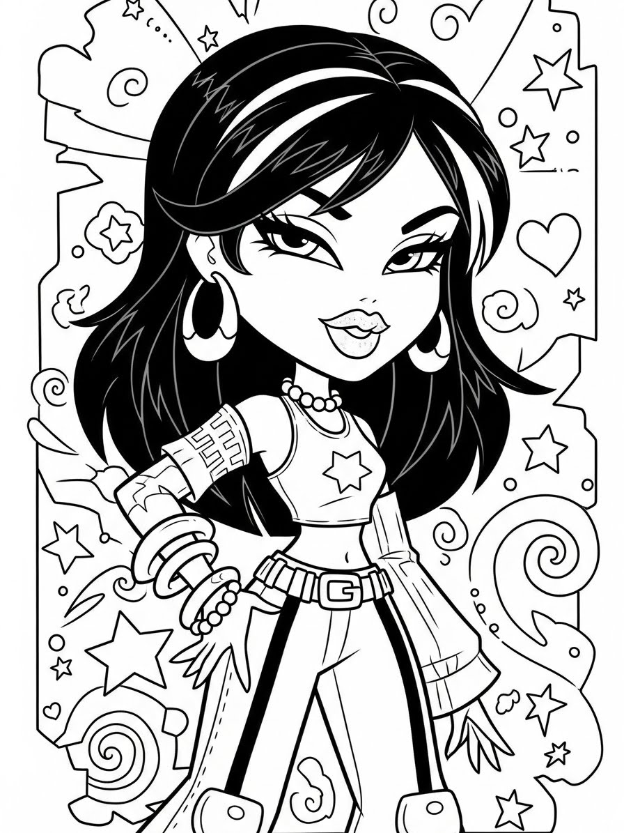 Desenho da Bratz com roupas estilosas para colorir