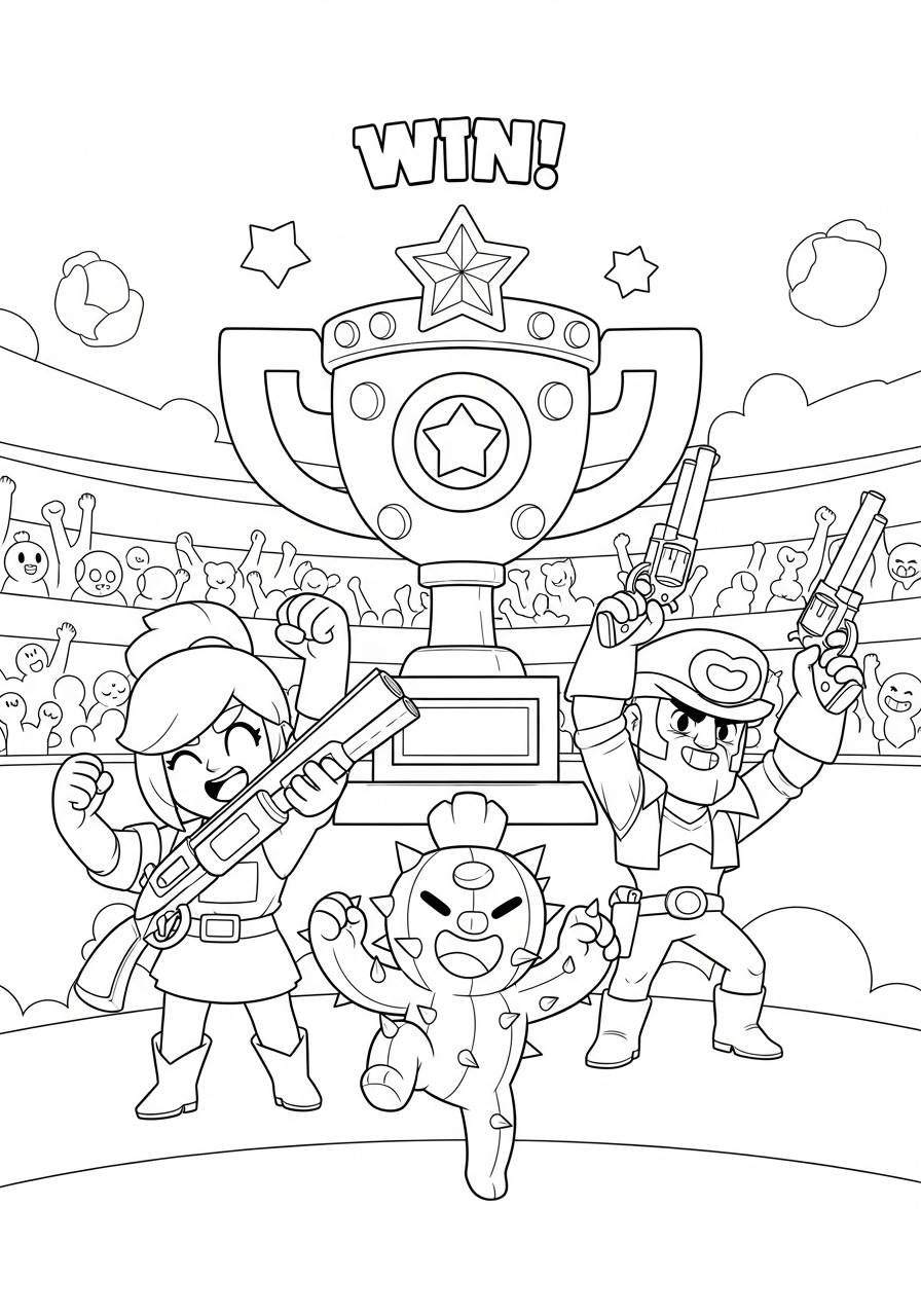 Desenho Brawl Stars com Colt Shelly Spike e Leon comemorando